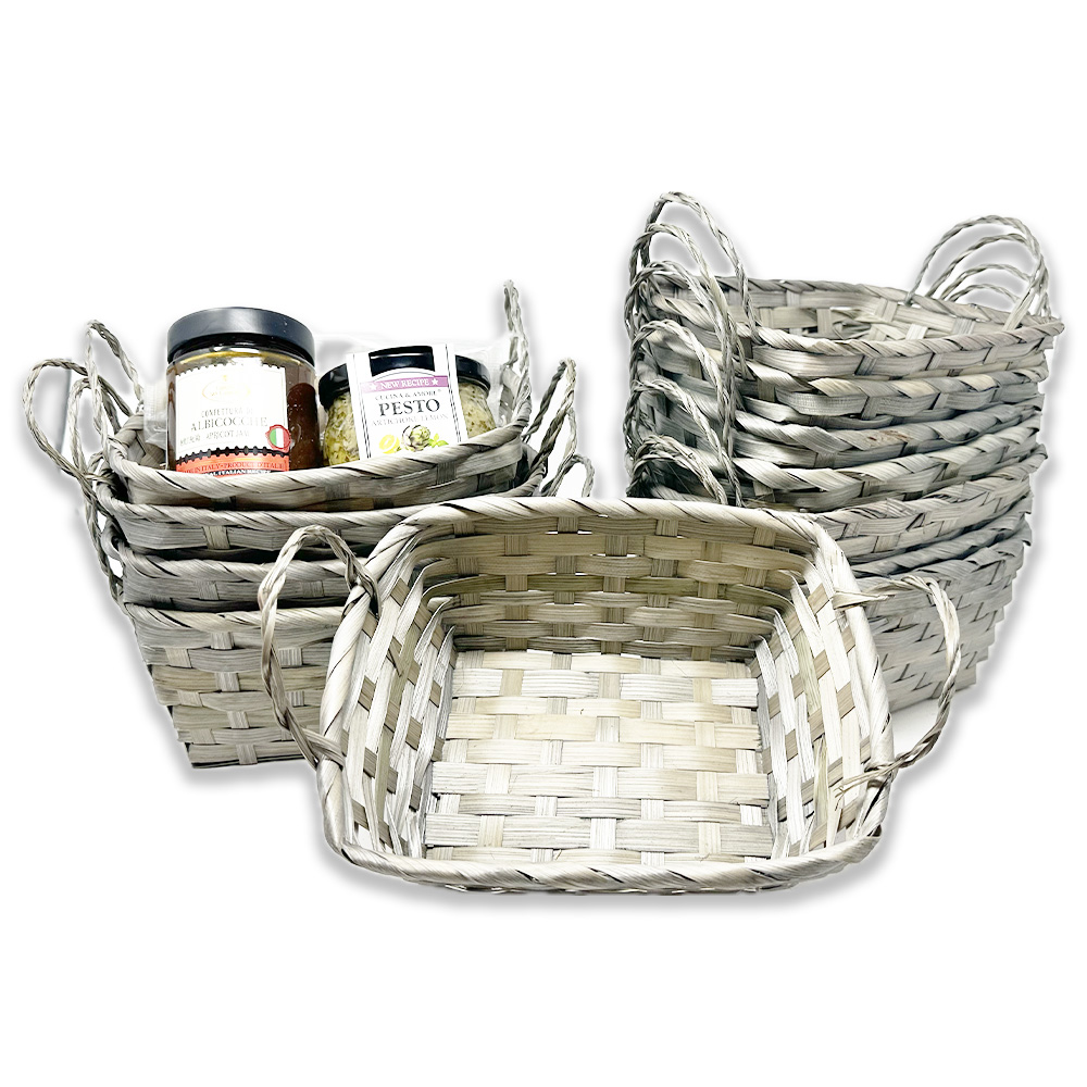 12 Pack - Antique Grey Rect Bamboo Basket w/ Ear Handles 8in